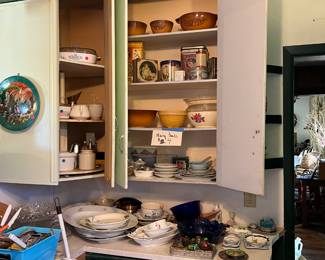 Mixing bowls, Corning ware, china ash trays, and platters