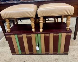 Pair of Leather Foot Stools and Library Bench
