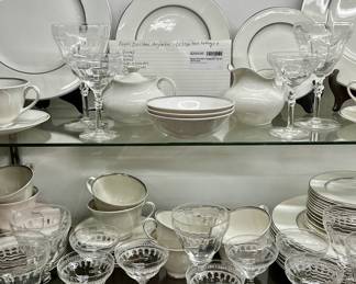 Lot of Royal Doulton “Argenta” China (63 pcs) set plus wine and cordial etched stemware