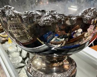 Large silver plate, pedestal punch bowl