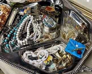 Lots of costume/fashion jewelry, Large handled footed divided silver plate tray