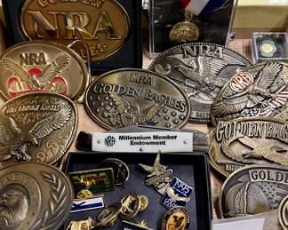 Lots of vintage NRA belt, buckles pins, pocket knife (National Rifle Association, Golden Eagles)