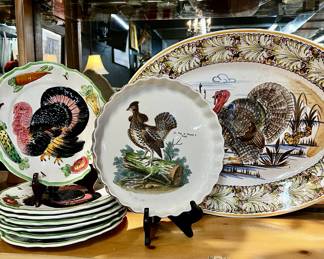 Large turkey platter, set of turkey plates, grouse tart pan/dish