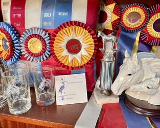 Lot of Equestrian ribbons Glassware and horse themed decor
