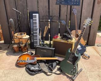 guitars, amps, keyboards and other equipment
first act ME537 electric, Fender acoustic FA-125, Epiphone SG Electric, fender amp, bongos, keyboards and more