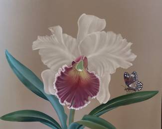 orchid & butterfly oil on silk, artist unknown