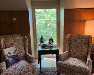 Quality wingback chairs with antique drop leaf table.