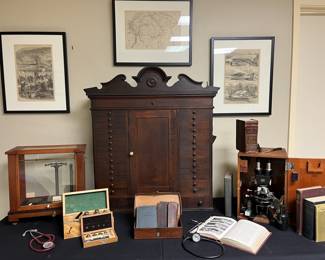 Antique Dental Cabinet, Chainomatic scales, weights, Carl Zeiss microscope, antique medical books.