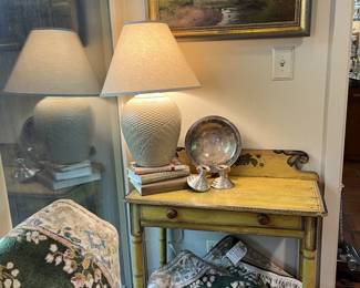 Primitive table and Persian rug runner.
