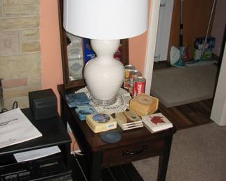 Nice End Table, Steel and Wood, hidden behind the lamp is a Miller Lite Superbowl mirror