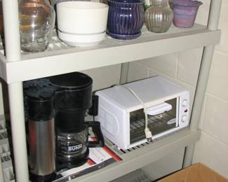 Vases, Bunn coffee pot and a toaster oven