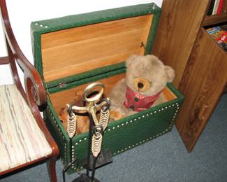 vintage vinyl covered chest, fireplace tools