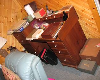 desk and office items, small safe on floor