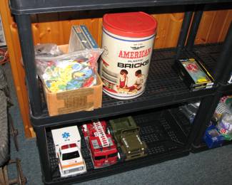 toys including American Bricks and a pressed steel military jeep