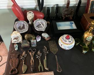 Picture stands, one of a kind geodes, decorative kitchen utensils ect.