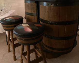 Mid Century Whiskey Barrel bar and barstools
