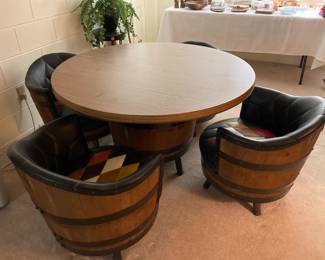 Mid Century Whiskey Barrel Table and four chairs