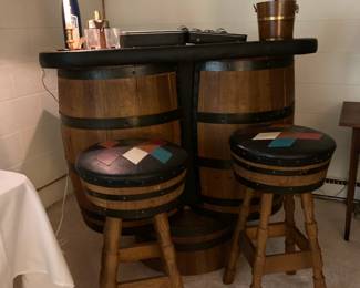 Mid Century Whiskey Barrel bar and barstools