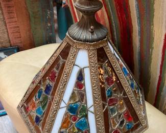 Stunning vintage light fixture-- originally came from a rectory in a church in New York. Glasswork is in great condition. A very unique statement piece.