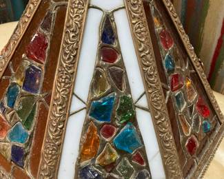 Stunning vintage light fixture-- originally came from a rectory in a church in New York. Glasswork is in great condition. A very unique statement piece.
