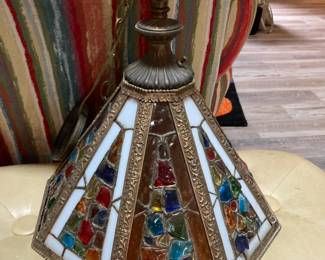Stunning vintage light fixture-- originally came from a rectory in a church in New York. Glasswork is in great condition. A very unique statement piece.