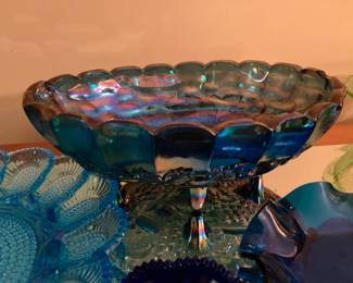 Vintage Iridescent Blue Carnival Glass footed bowl