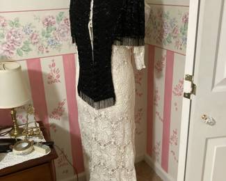 Stunning dress form with vintage silk shawl and handmade tablecloth.
