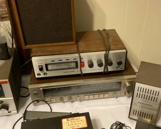 Vintage 8 track player, Realistic AM/FM receiver, and modulation meter