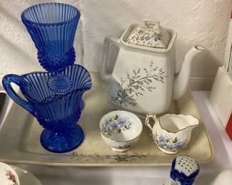 Vintage blue Fostoria Avon Mt. Vernon pitcher and Washington goblet