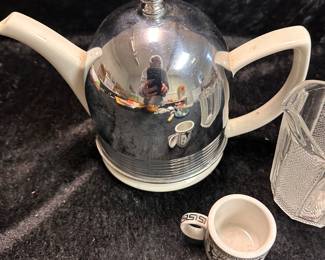 Vintage Hall China Co White Tea Pot With Stainless Cozy, Jeannette Art Deco Pitcher