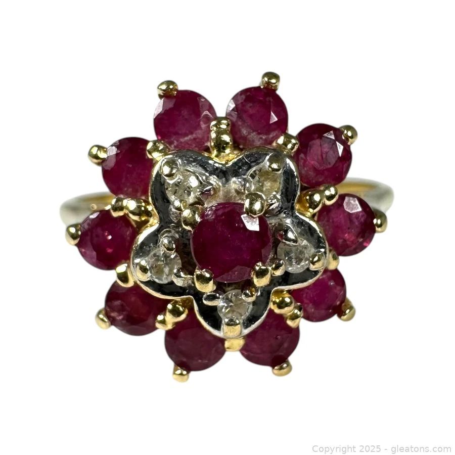 10kt Yellow Gold Ruby and Diamond Cluster Ring