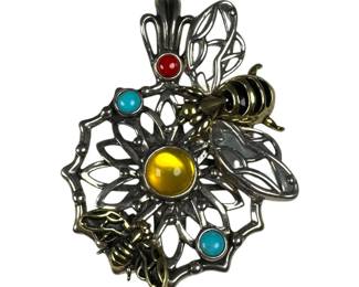 Sterling Silver and Brass Flower and Bee Enhancer Pendant