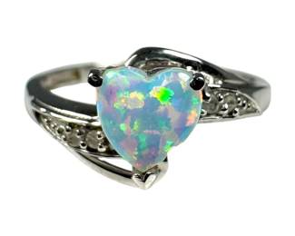 10kt White Gold Lab Opal and Diamond Ring