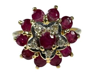 10kt Yellow Gold Ruby and Diamond Cluster Ring