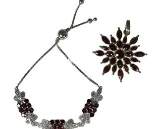 Sterling Silver Garnet Pendant and Bracelet with White Topaz
