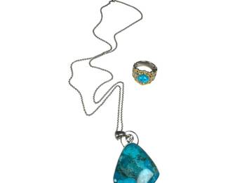 Sterling Silver Dyed Stabilized Turquoise and White Topaz Necklace and Ring