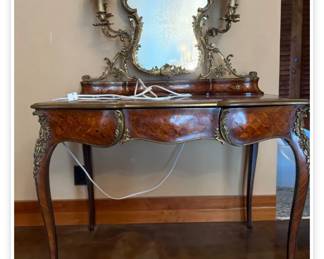 Antique French marble top secretaire table with mirror lamps