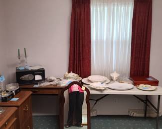 mirror, small safe, serving pieces, Golden Banquet stainless silver; Godinger Silver Aret Co - gold plated silverware
