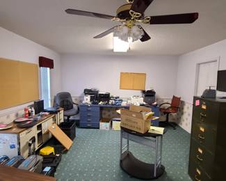 Desk, desk chairs, computers, printers, standing desk