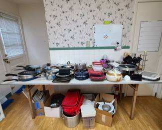 pots, pans, cutting boards, bakeware, coffee rack, lazy susan