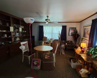 small tables, chairs, lamps, boxes, umbrellas
