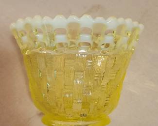 Fenton Topaz Vaseline Basket Weave Candy Dish
