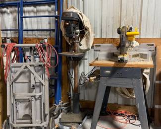 DEWALT MITER SAW ON STAND, CRAFTSMAN 15” DRILL PRESS, RIGID MITER SAW UTILITY VEHICLE, SCAFFOLDING