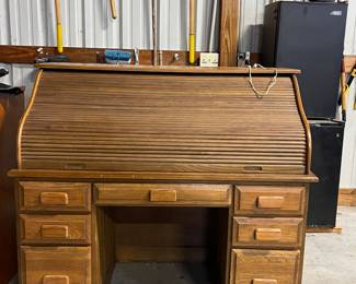 VINTAGE ROLL TOP DESK, MINI FRIDGES, YARD TOOLS