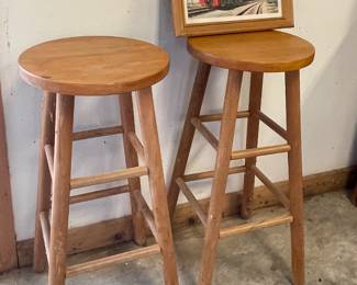 WOODEN BAR STOOLS, MKT 362 SIGNED TRAIN PRINT