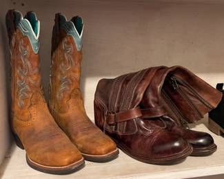 JUSTIN BOOTS SIZE 8.5B, AND BED STU COBBLER SERIES SIZE 8.5 BOOTS