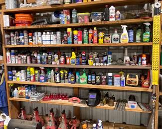 PAINT, GREASE, OIL, CLEANERS, CHEMICALS, WELDING HELMET, JACKS