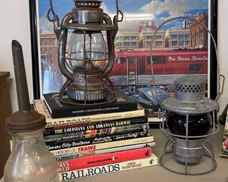 BOOKS ON RAILROADS, FRAMED TEXAS SPECIAL BY WINFIELD 335/750, DIETZ N.Y.N. H & H RAILROAD LANTERN, R.R. ADLAKE -KERO RAILROAD LANTERN WITH RED GLOBE