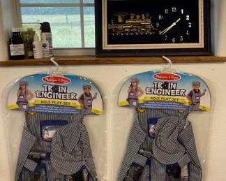 MELISSA & DOUG TRAIN ENGINEER COSTUMES NEW IN PACKAGE, TRAIN CLOCK AS IS