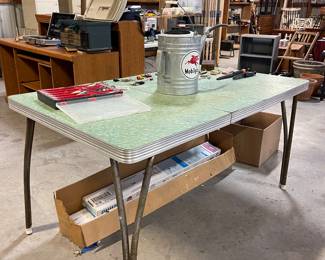 VINTAGE FORMICA KITCHEN TABLE, MOBILGAS GAS CAN